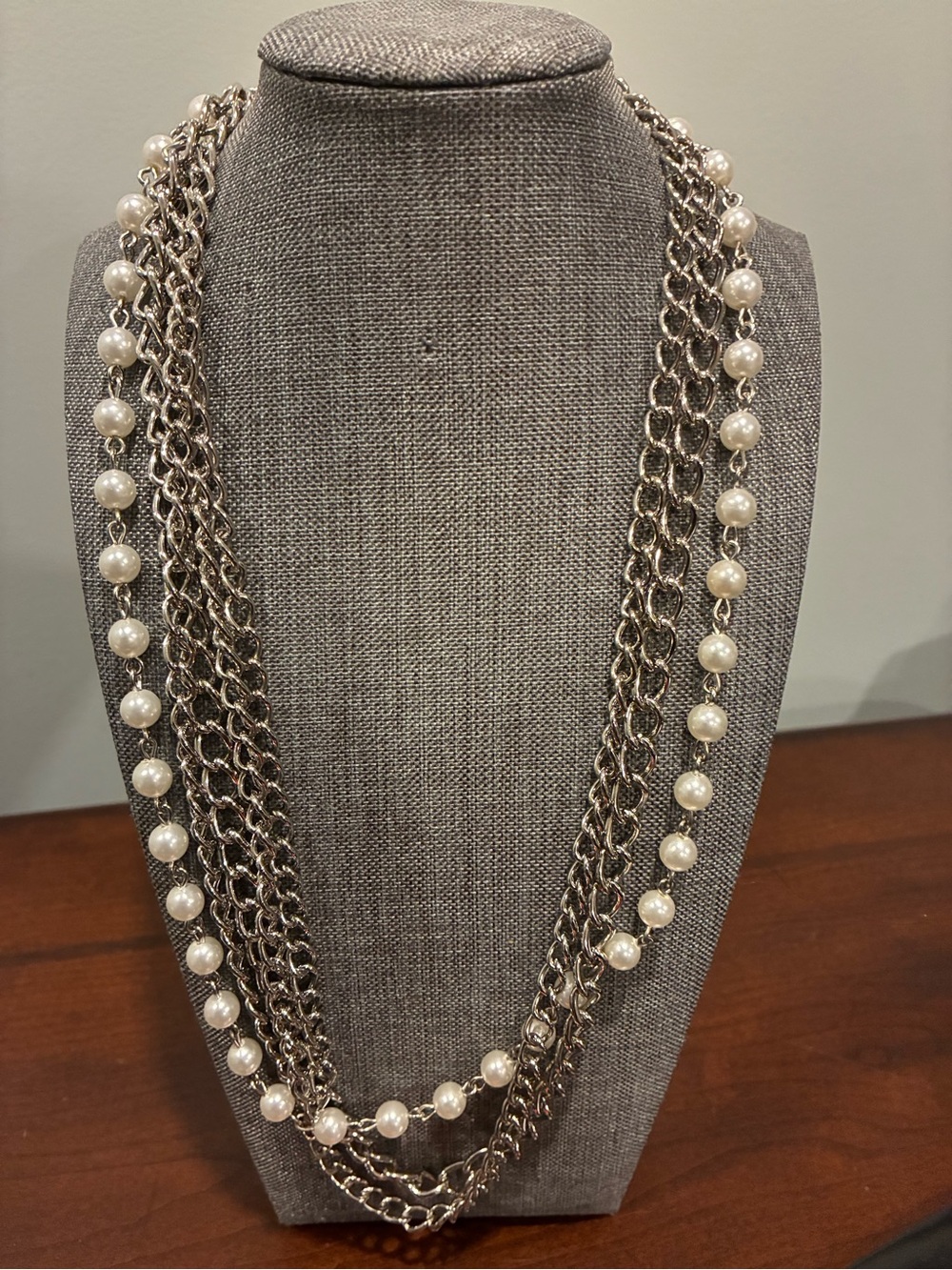 Multi-Strand Silver Chain and White Pearl Necklace